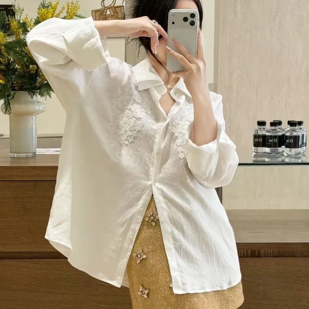 

Loose Women's Linen Shirt Spring 2026 Long Sleeve Square Collar Single Button Top Breathable Comfortable Commute Style Pure C...