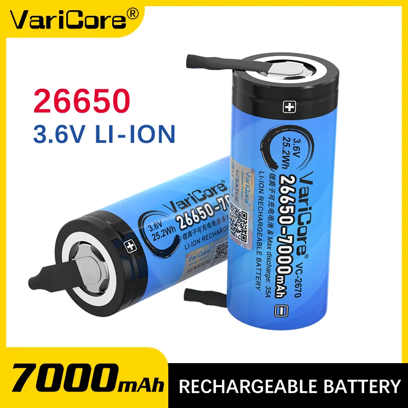 VariCore جديد الأصلي 3.6 فولت 7000 مللي أمبير 26650 بطاريّة ليثيوم قابلة لإعادة الشحن 35A التفريغ لتقوم بها بنفسك ورقة النيكل