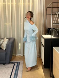 Msikoods Saudi arabia Long Sleeve Formal Evening Gown Feathers Pleats Long Elegant party Dress Customized Special Occasion Dress