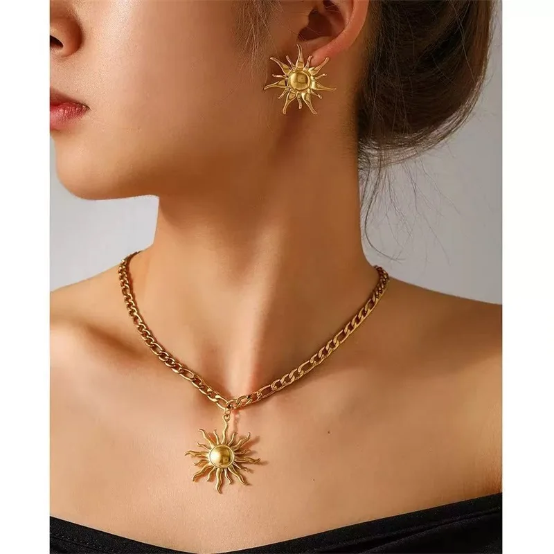 EILIECK 316L Edelstahl Vintage Sonnen-Halskette und Ohrringe Set für Damen, Trendiges 18K Vergoldetes Wasserdichtes Strand-Schmuckgeschenk – Detail 9