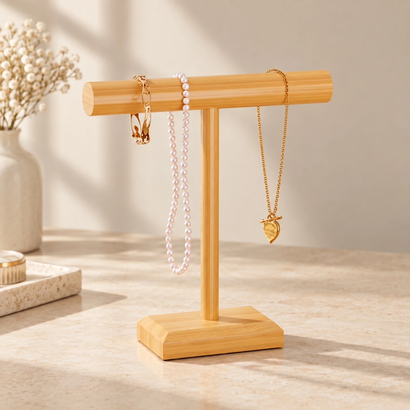 Wood Jewelry Display Stand Sturdy Hanging Jewelry Stand with Bar Necklace and Bracelet Holder Compact Organizer Decorative