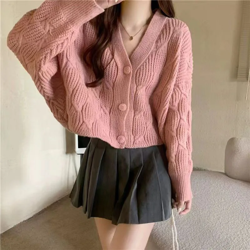 Lucyever Candy Colors Short Sweater Cardigan Women Korean Loose V-Neck Sweater Coat Ladies Autumn New Long Sleeve Knit Cardigans