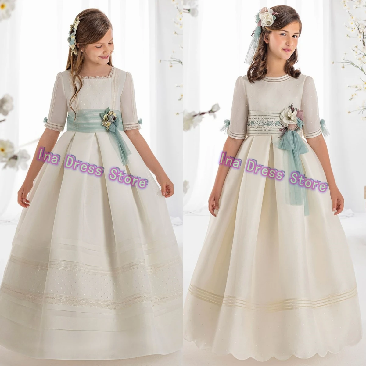 Customized Elegant Satin Idyllic First Communion Gowns Wedding Flower Girl Dress A-line 3D Floral Princess Ball Birthday Gowns