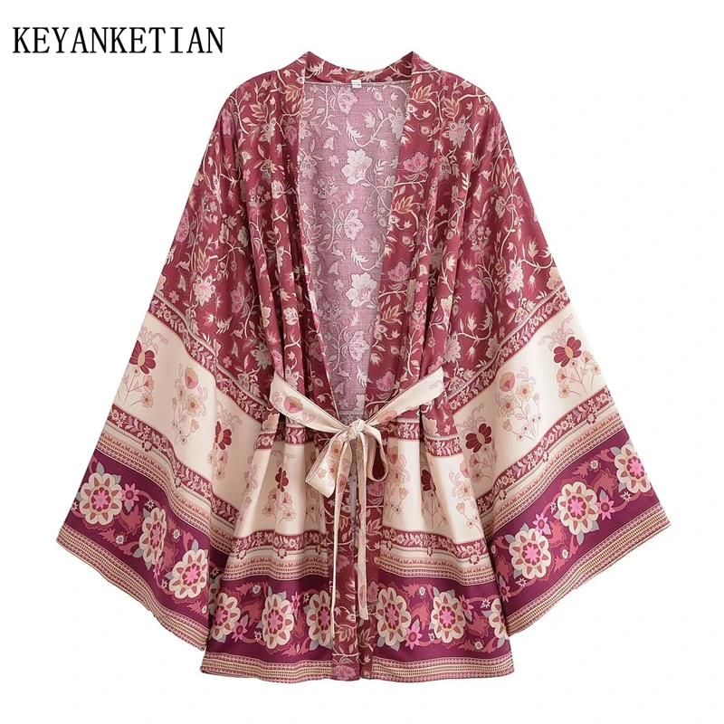 

KEYANKETIAN 2025 New Women's Romantic Print Kimono Cardigan Holiday wind With Belt Loose Flare sleeve Viscose Mid-length top