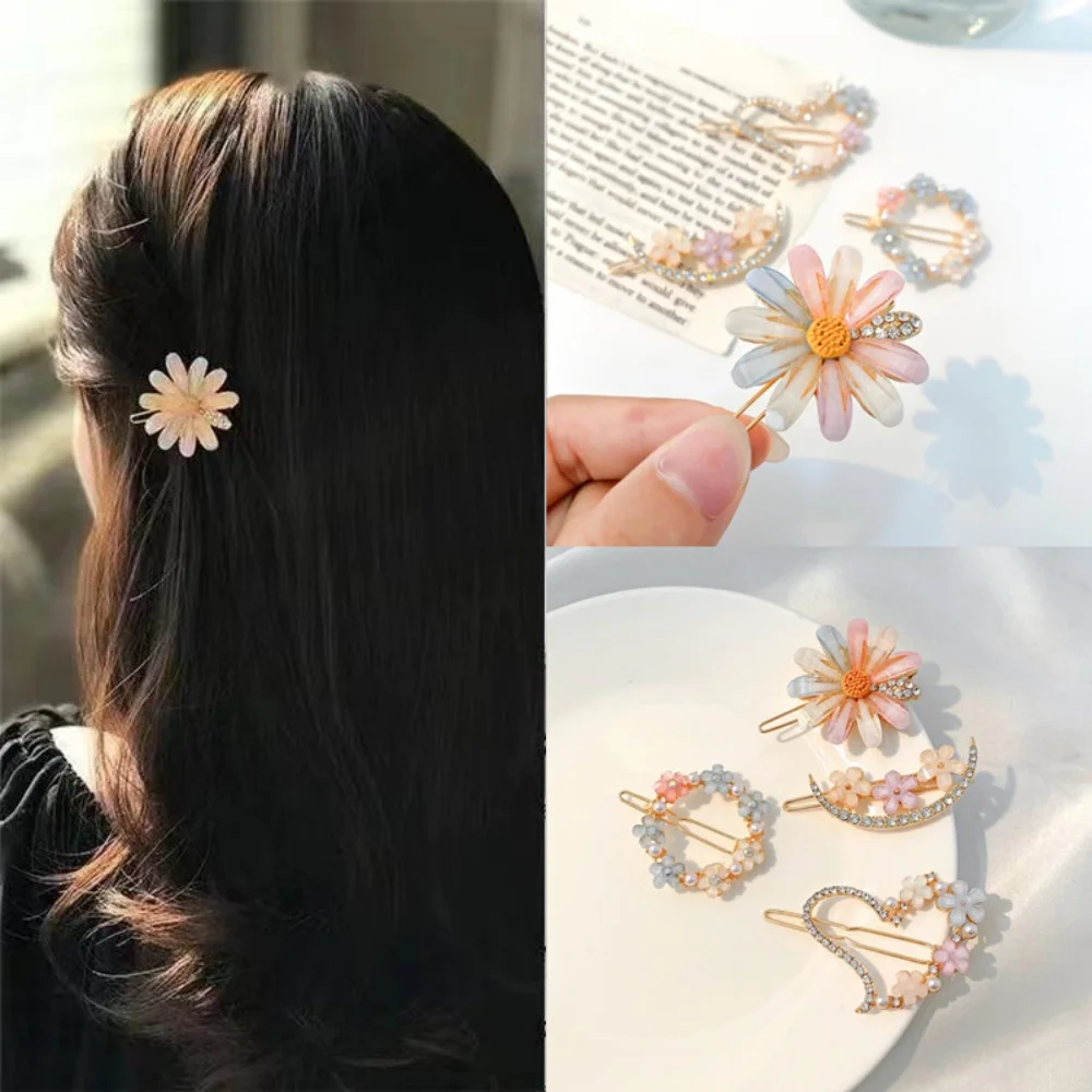 4 Stück/Set exquisite bunte Strass-Blumen-Herz-Haarspangen für Frauen und Mädchen, Party-Pferdeschwanz-Seitenhaarspangen, Haar-Accessoires