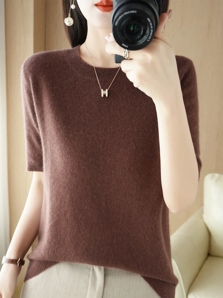 New Chic Women Summer T-shirt O-neck Short Sleeve Pullover Sweater Merino Wool Knitwear Basic Soft Clothing Korean Style Tops