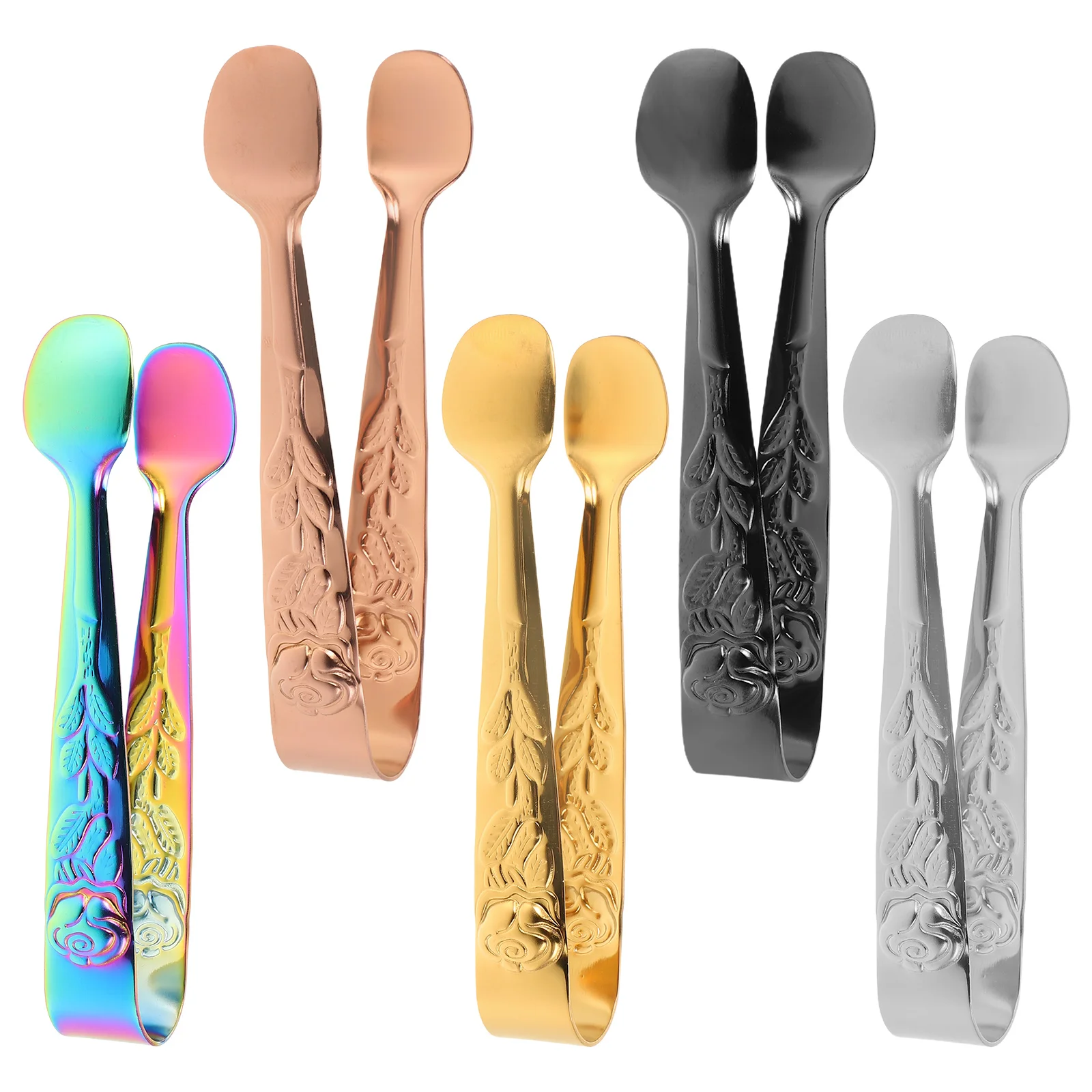

5pcs Stainless Steel Food Tongs Rose Pattern Elegant Coffee Sugar Cube Ice Snack Clip Kitchen Tool Buffet Party Serving