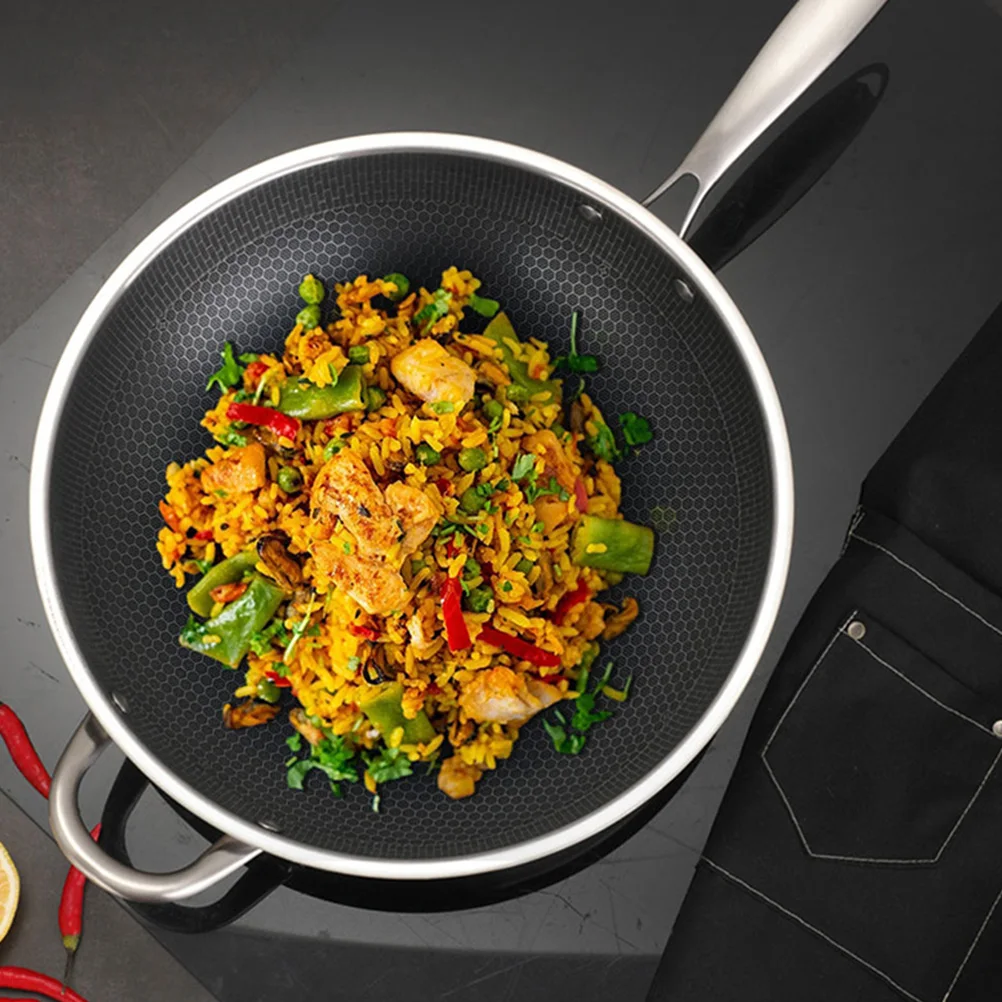 

Stainless Steel Wok 34cm Non Stick Honeycomb Frying Pan Kitchen Cookware Fry Steam Cook Practical Design Easy Cleaning Gas Stove