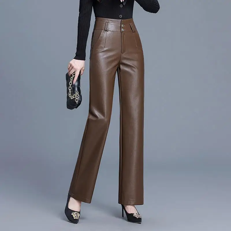 

High Waist Wide Leg Leather Pants Large Size Women's Casual Trousers Commute Sle with kets Polyester Fiber Straight Cut