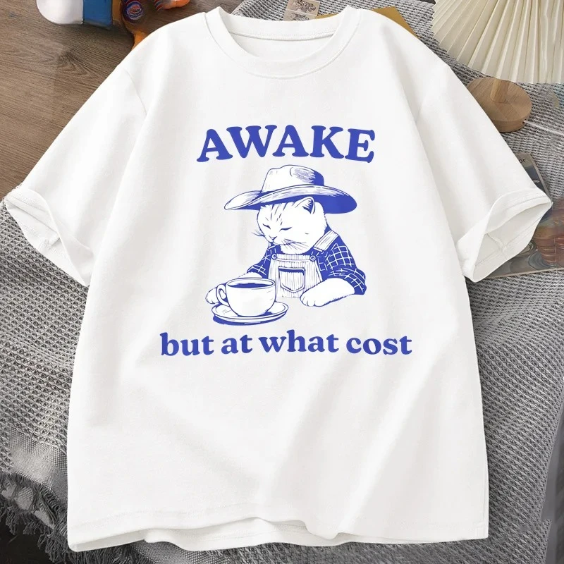 เสื้อยืดผู้ชายลายแมวตลกพร้อมกาแฟ สไตล์วินเทจ Y2K ตลกขบขัน สำหรับคนรักสัตว์