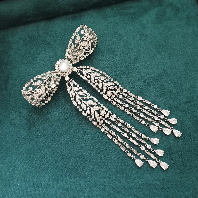 2023 Elegant Hollow Out Tassel Bow Knot Brooch Shiny Zircon Freshwater Pearl Exquisite Zircon Bowknot Broochpins Women\'s Corsage