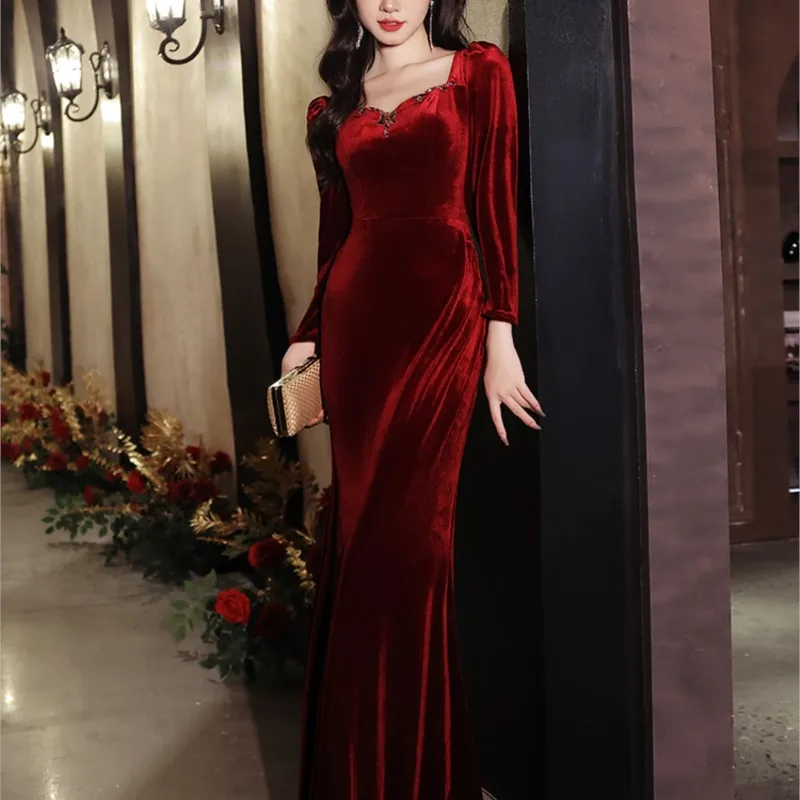 Wine red velvet new light luxury niche banquet fishtail dress