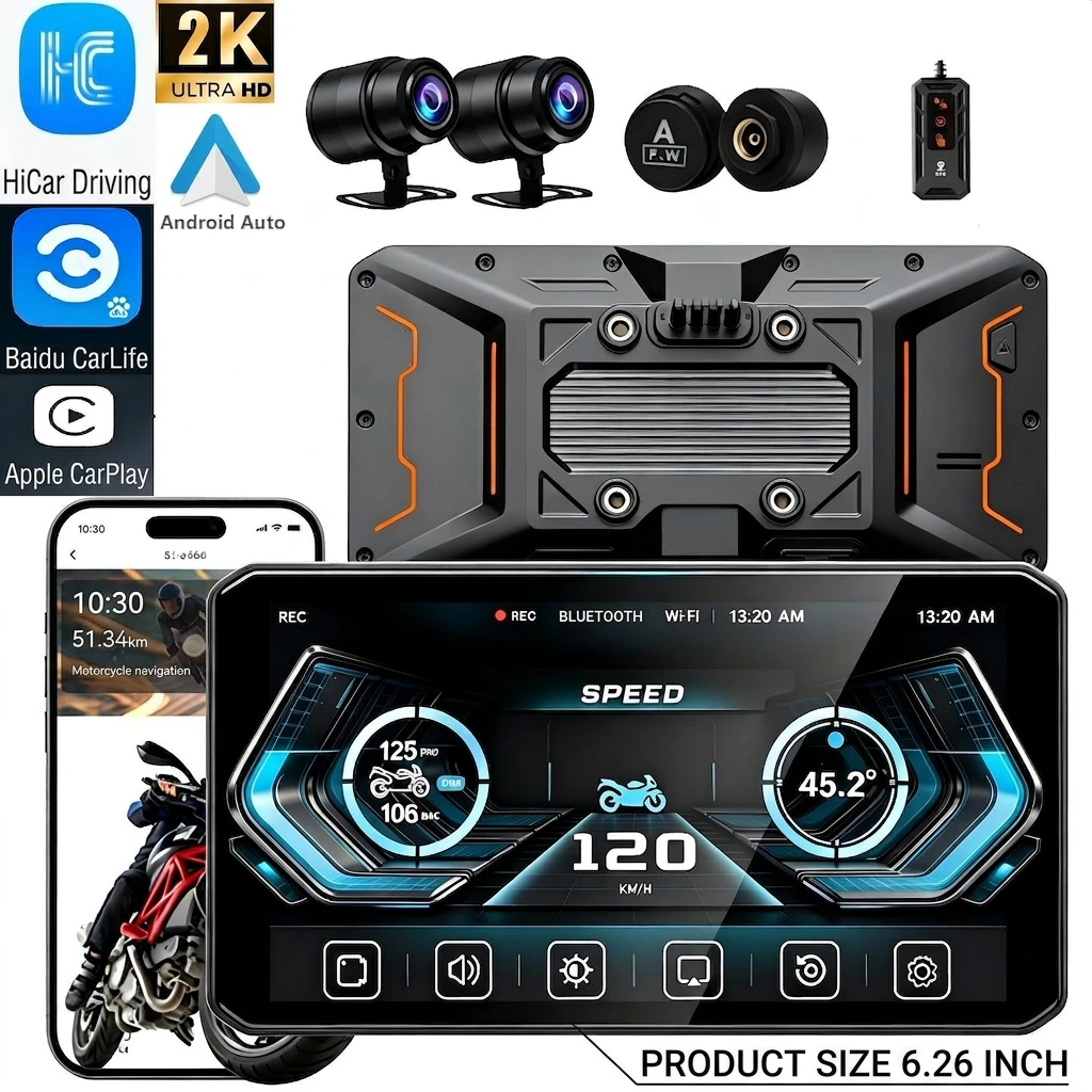 Waterproof and cold proof Motorcycle 6.26 inch Smart Display Wireless CarPlay DVR BSD Blind Spot Warning TPMS Motorbike Dash Cam