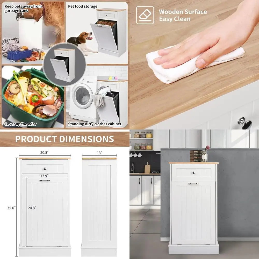 

10 Gallon Wooden Freestanding Laundry Sorter with Tilt-Out Trash Bin and Hideaway Drawer for Recycling