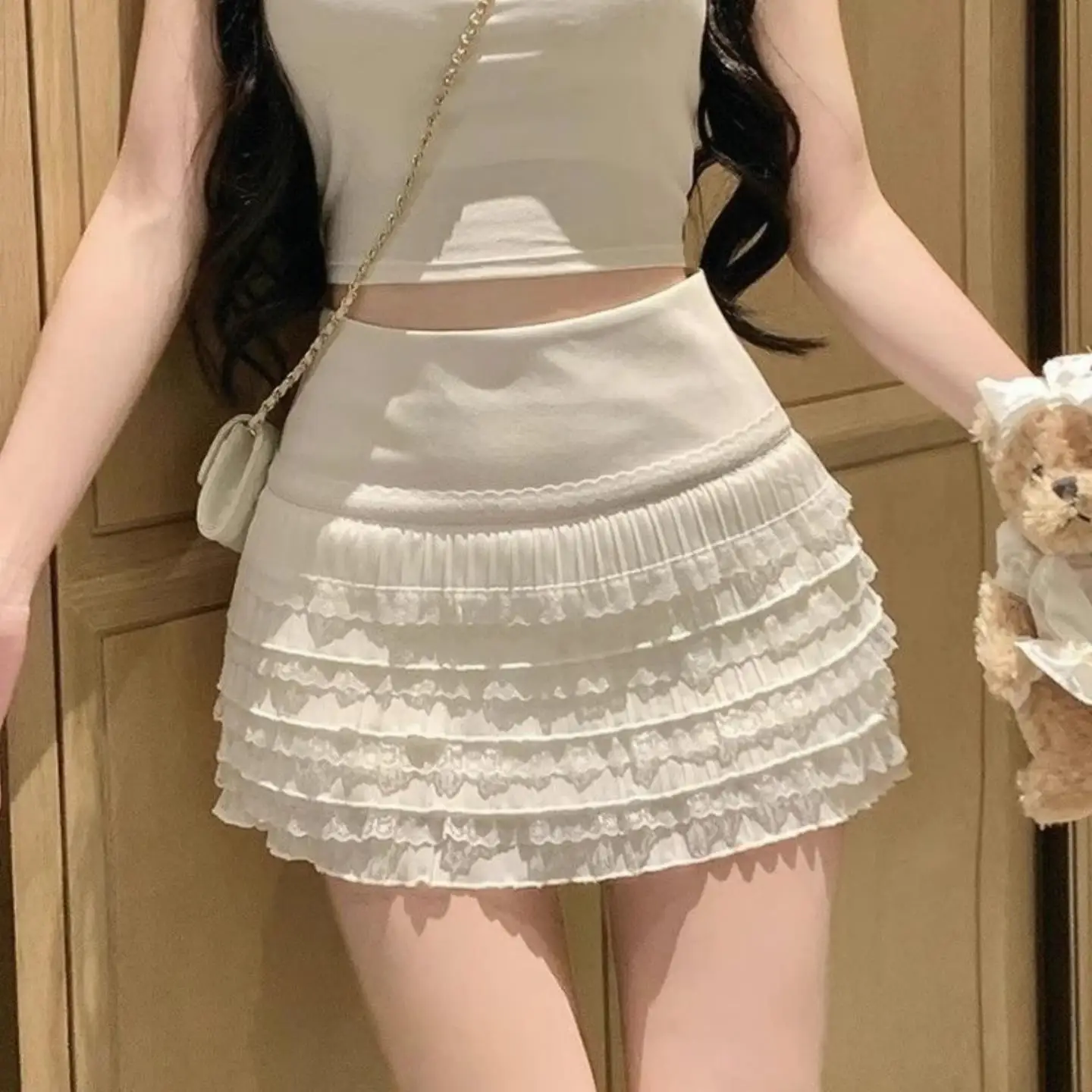 

Корейская короткая юбка с высокой талией и кружевом, женская пышная юбка-кейк средней длины, сложенная, для повседневной носки, антистатическая