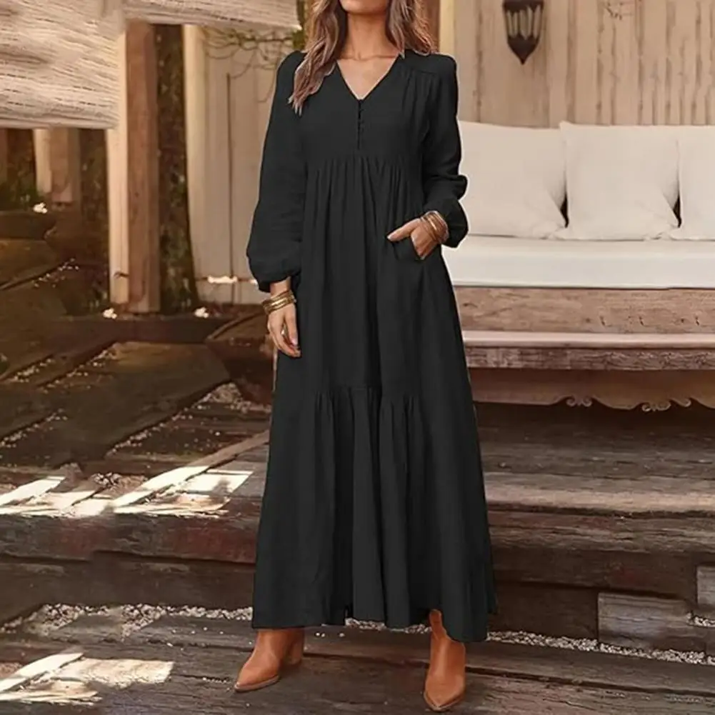Robe longue plissée de plage style Boho pour femmes, ample, avec poches, manches à volants à plusieurs niveaux, col en v, couleur unie