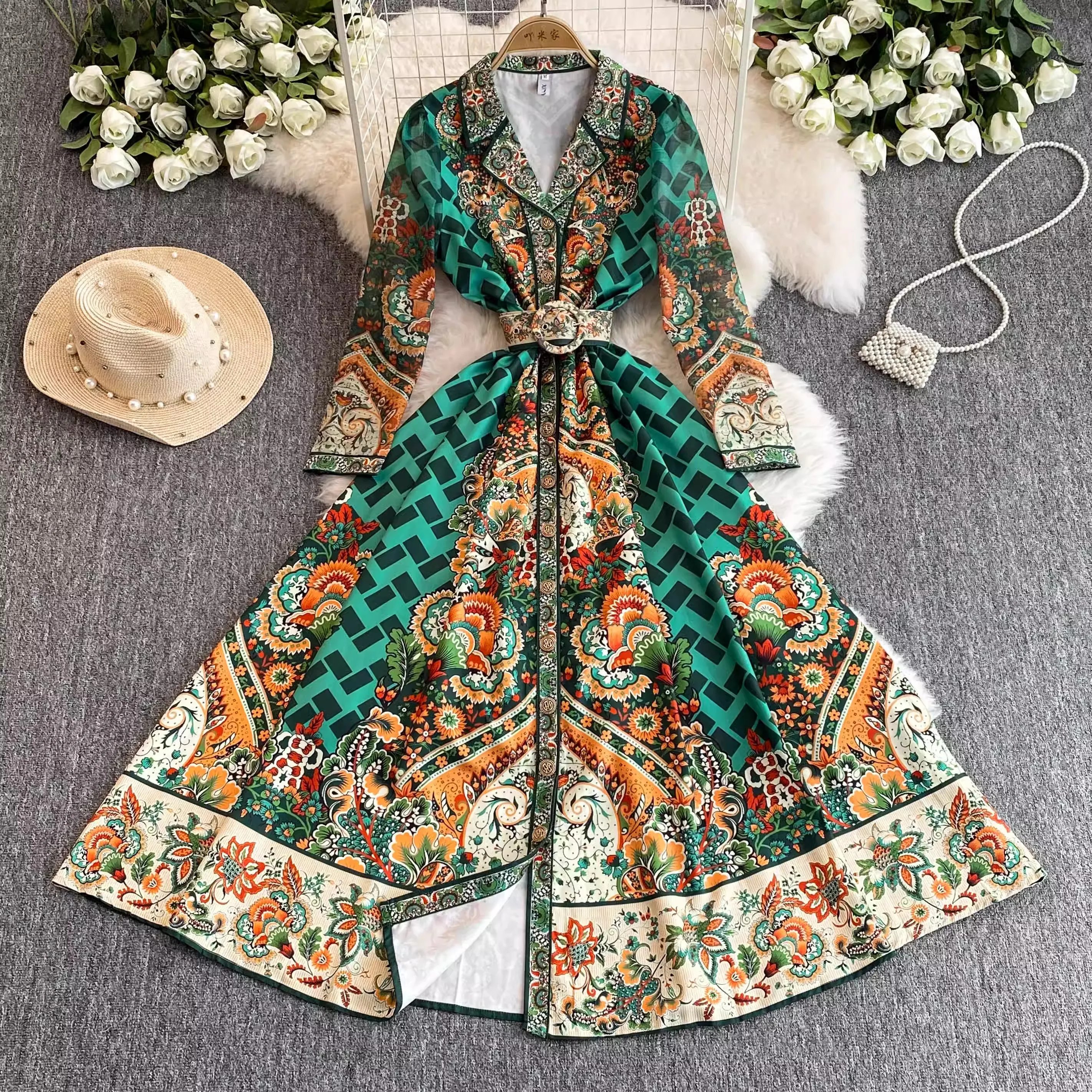 

Spring Autumn Runway Paisley Print Long Sleeve Dress Women Notched Collar Single Breasted Belt Long A Line Party Vestidos