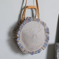 Women's Round Handbag Tote Handle Summer Straw  Eco-friendly Paper Rope Woven Bags Street Fashion Shoulder Bag Lightweight