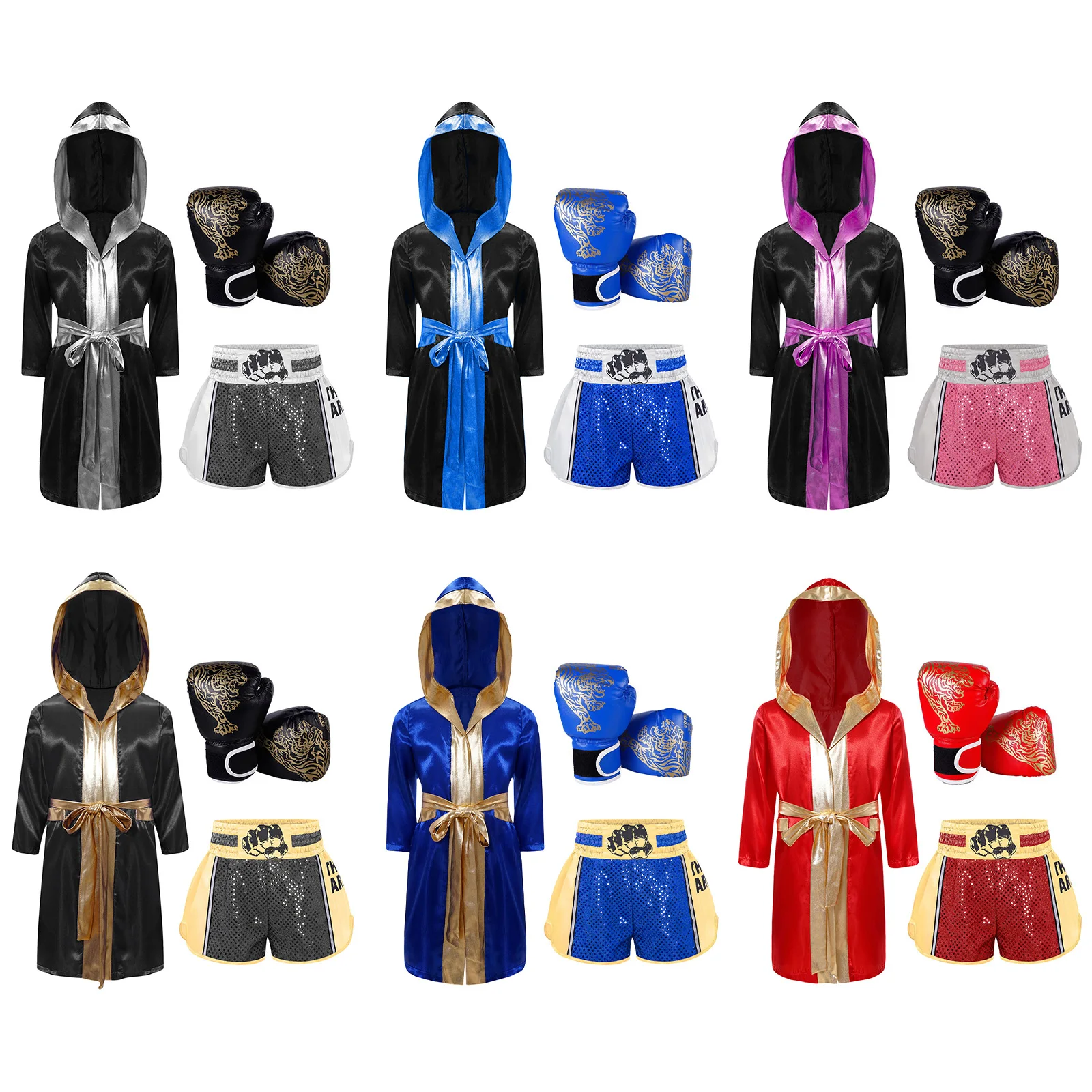 الملاكمة الزي زي الهالوين التأثيري كم طويل معدني تقليم الساتان مقنعين رداء مع حزام الترتر سراويل الملاكمة والقفازات #5
