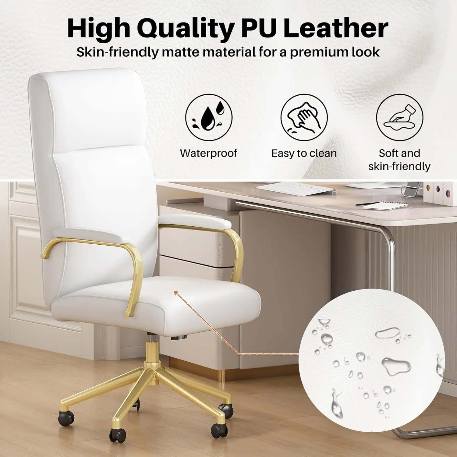 White And Gold Office Chair Memory Foam, High Back Office Chair For Women, Modern Desk Chair Comfy With Arms, Leather Executive