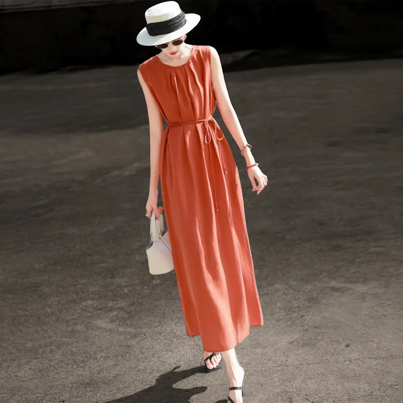 MEXCOCO 2026 Summer New Sleeveless Maxi Dress Round Neck Drawstring Waist Split Hem Loose Flowy Vacation Long Dress