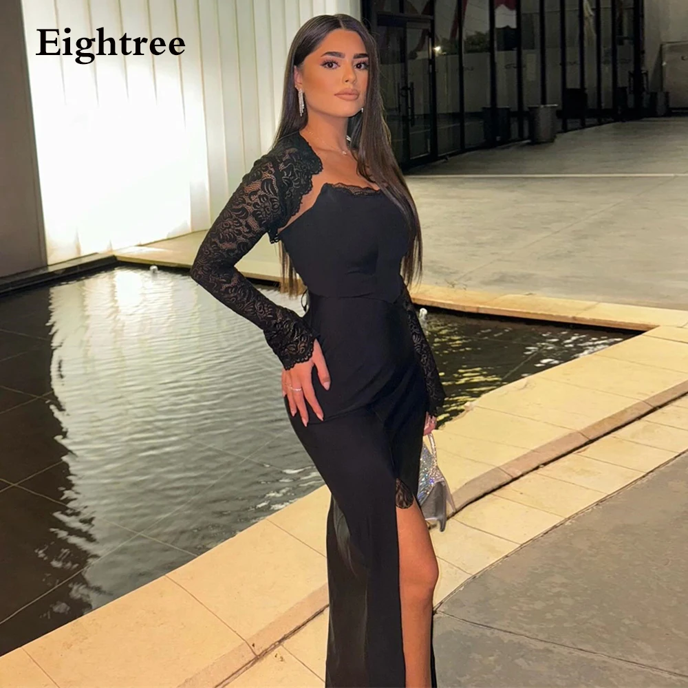 

Eightree Sexy Black Satin Mermaid Prom Party Dresses Lace Strapless Evening Dress 2 Pieces Long Celebrate Event Dress Customized