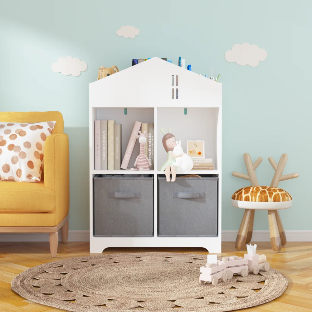 Kids Dollhouse Bookcase with Storage, 2-Tier Storage Display Organizer, Toddler Bookshelf with 2 Collapsible Fabric Drawers