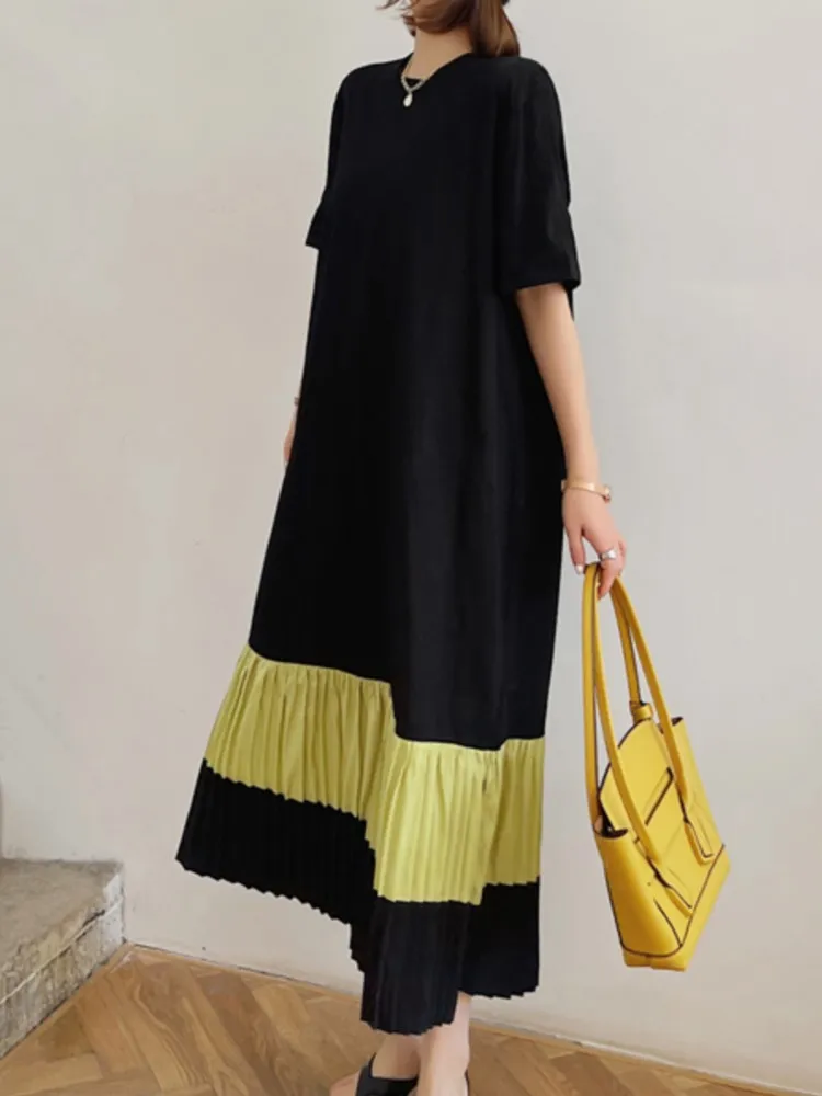 Zomer Nieuwe Geplooide T-shirt Jurk Vrouwen Korte Mouw Jurk Kleur Zwart Eenvoudig Ontwerp Grote Maat Kleding Dames Jurken vestidos