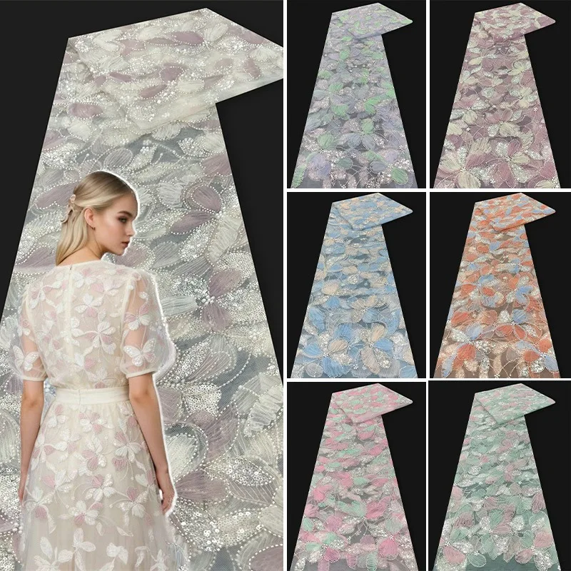 

1 ярд 3D-кружевной ткани с цветочным узором в нигерийском стиле, с африканскими пайетками и бисером, сетчатая, для свадебных и праздничных платьев, материалы для рукоделия и DIY