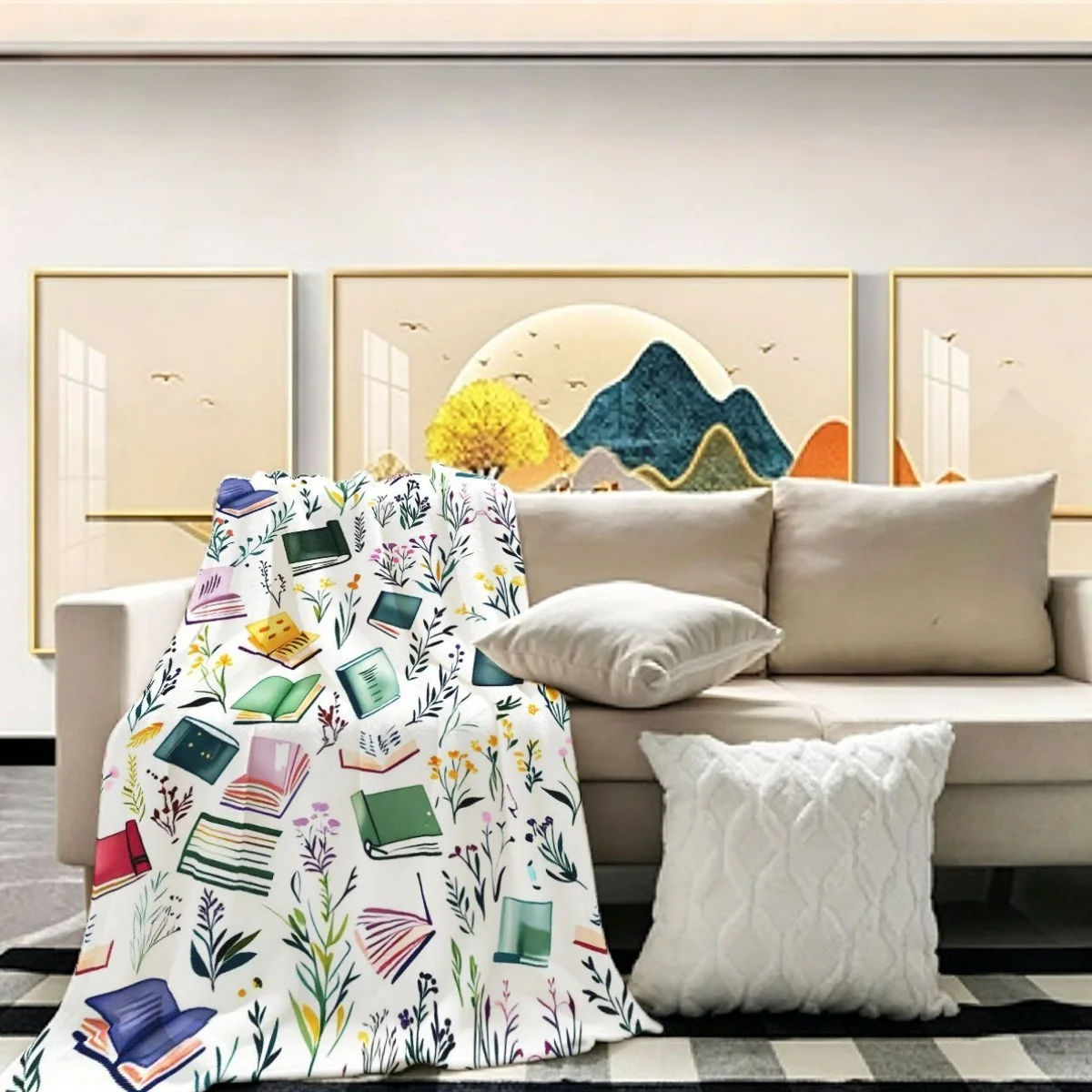 - 1pc Fresh Literary Book And Floral Theme Printed Flannel Blanket - Comfortable Lightweight All-Season Universal Printed Blanke