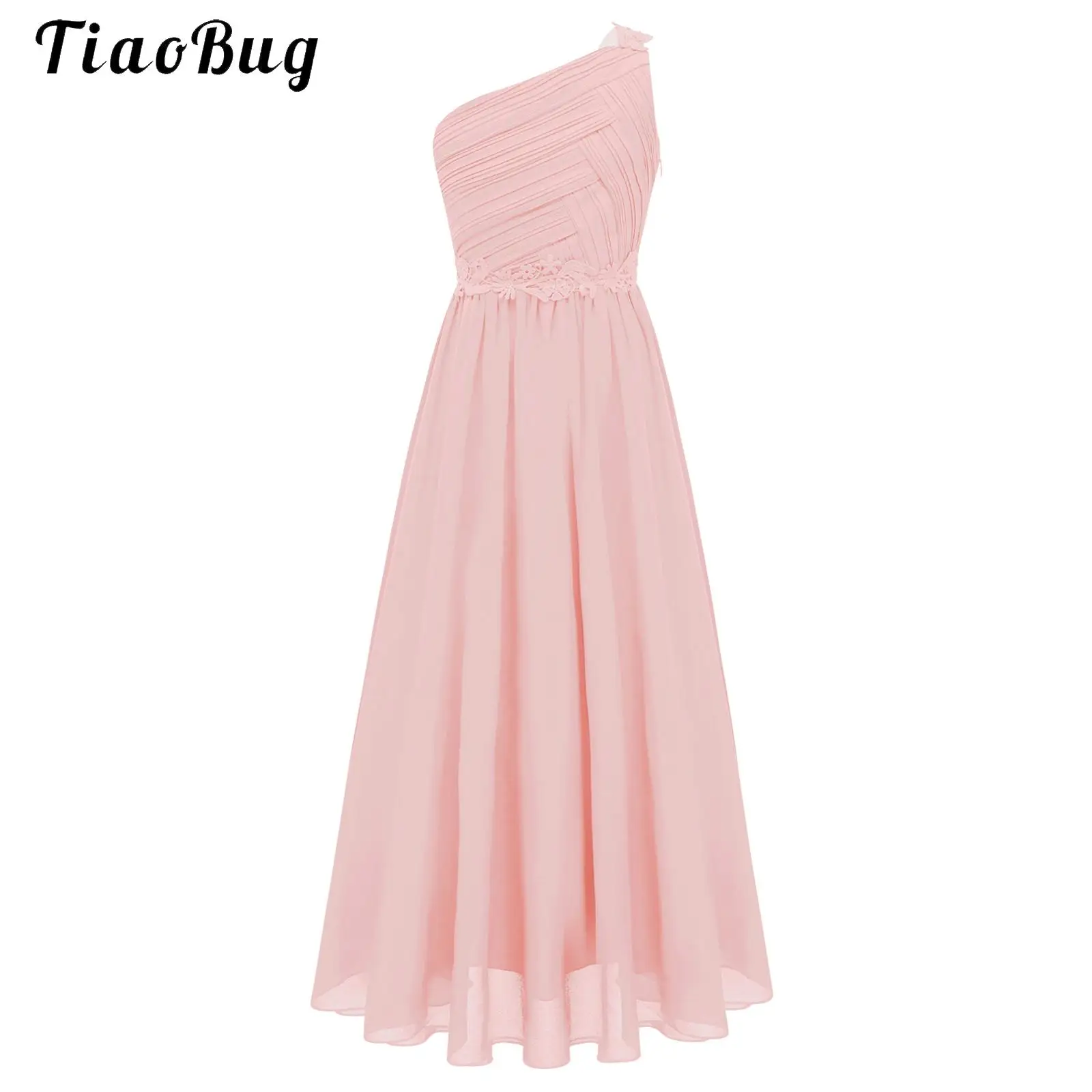 

Girls Chiffon One Shoulder Dresses Kids Ruched Pleated Wedding Bridesmaid Formal Flower Dress Elegant Festive Summer Party Dress