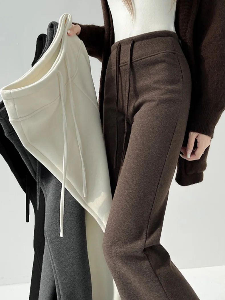 

Шерстяные брюки цвета хаки с микро-клешем для женщин, зимние утепленные узкие повседневные брюки длиной до щиколотки с высокой талией и эластичным поясом