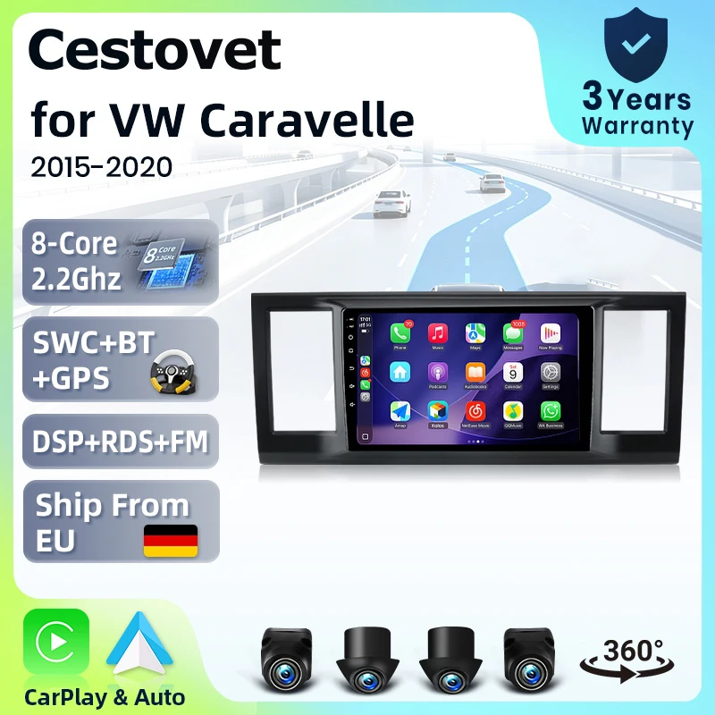 Autoradio intelligent Cestovet 9" pour VW Caravelle Transporter T6 2015-2020, caméra 360°, Android 15, CarPlay sans fil, commande vocale IA, écran tactile IPS, lecteur multimédia intelligent, unité centrale 2 Din, GPS, Mirror Link, 4G, RDS.