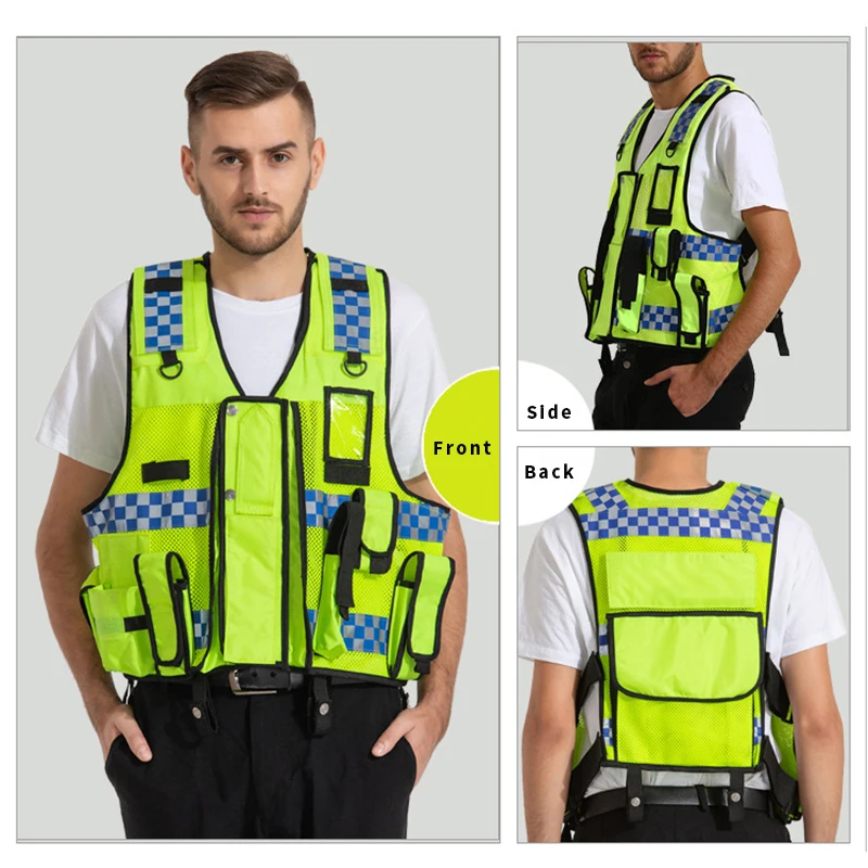 Multi-Pocket High Visibility Reflective Police Safety Vest High-Quality Night Motorcycle Cycling Traffic Warning Clothing