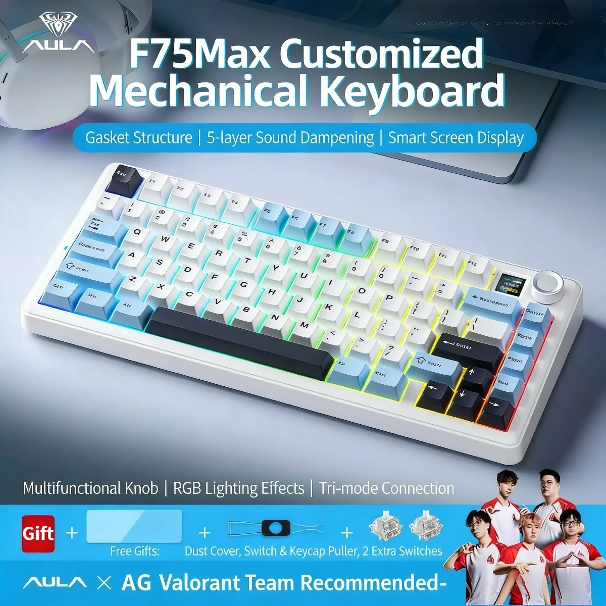 AULA F75 MAX Wireless Mechanical Keyboard with TFT Screen Knob 75% Layout Hot Swappable Wired/Bluetooth/2.4G Gaming Keyboard