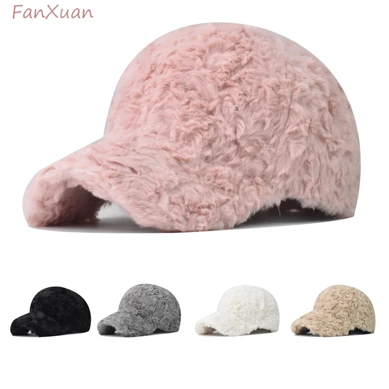 Autumn Winter Baseball Cap for Women Faux Fur Snapback Hats Pink White Beige Plush Fur Hats Women Caps