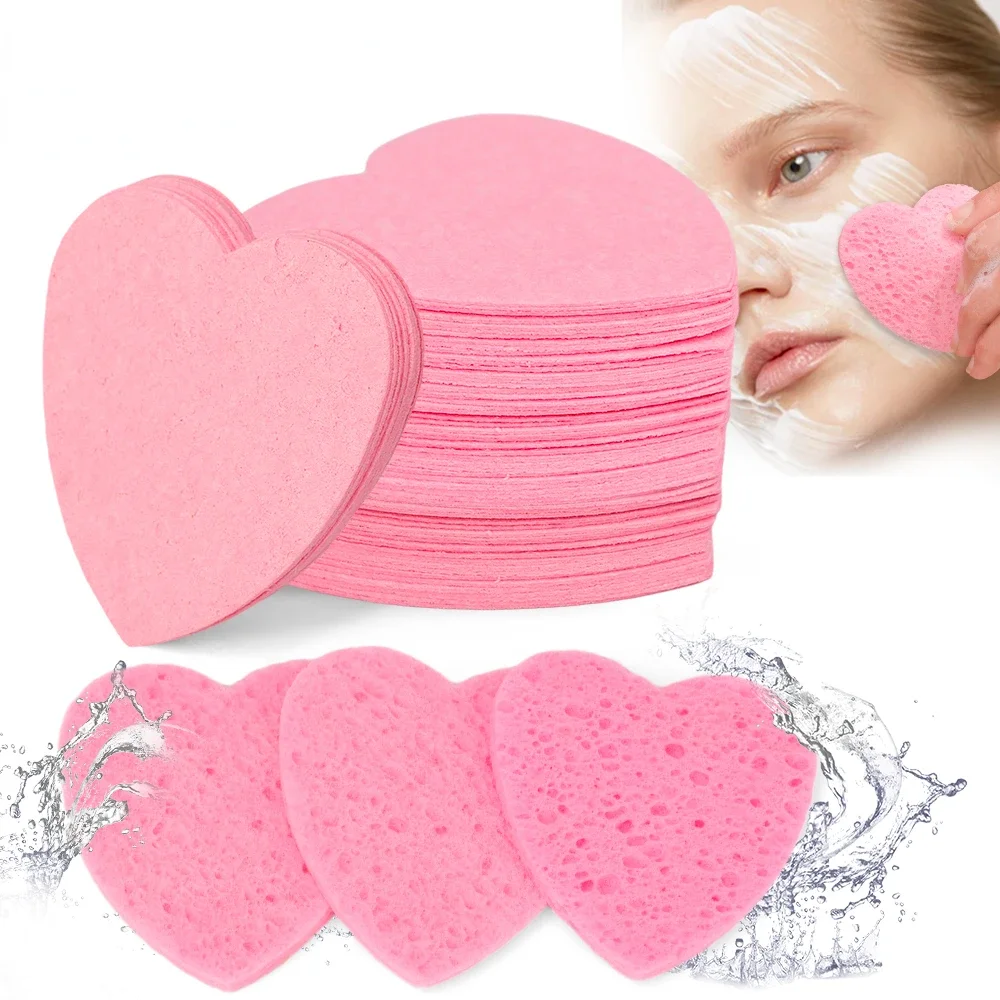 10-200Pcs Heart Shape Compressed Facial Sponges Natural Wood Pulp Cotton Face Cleansing Pads Exfoliating for Cleansing Reusable