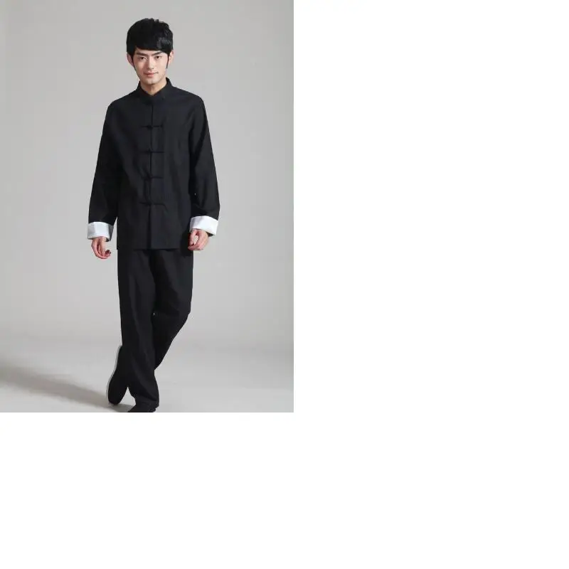 Wholesale New Chinese Style Men Cotton Linen Tang Suit Long Sleeve Kung Fu Tai Chi Martial Arts Suit Black Jacket Pants Set