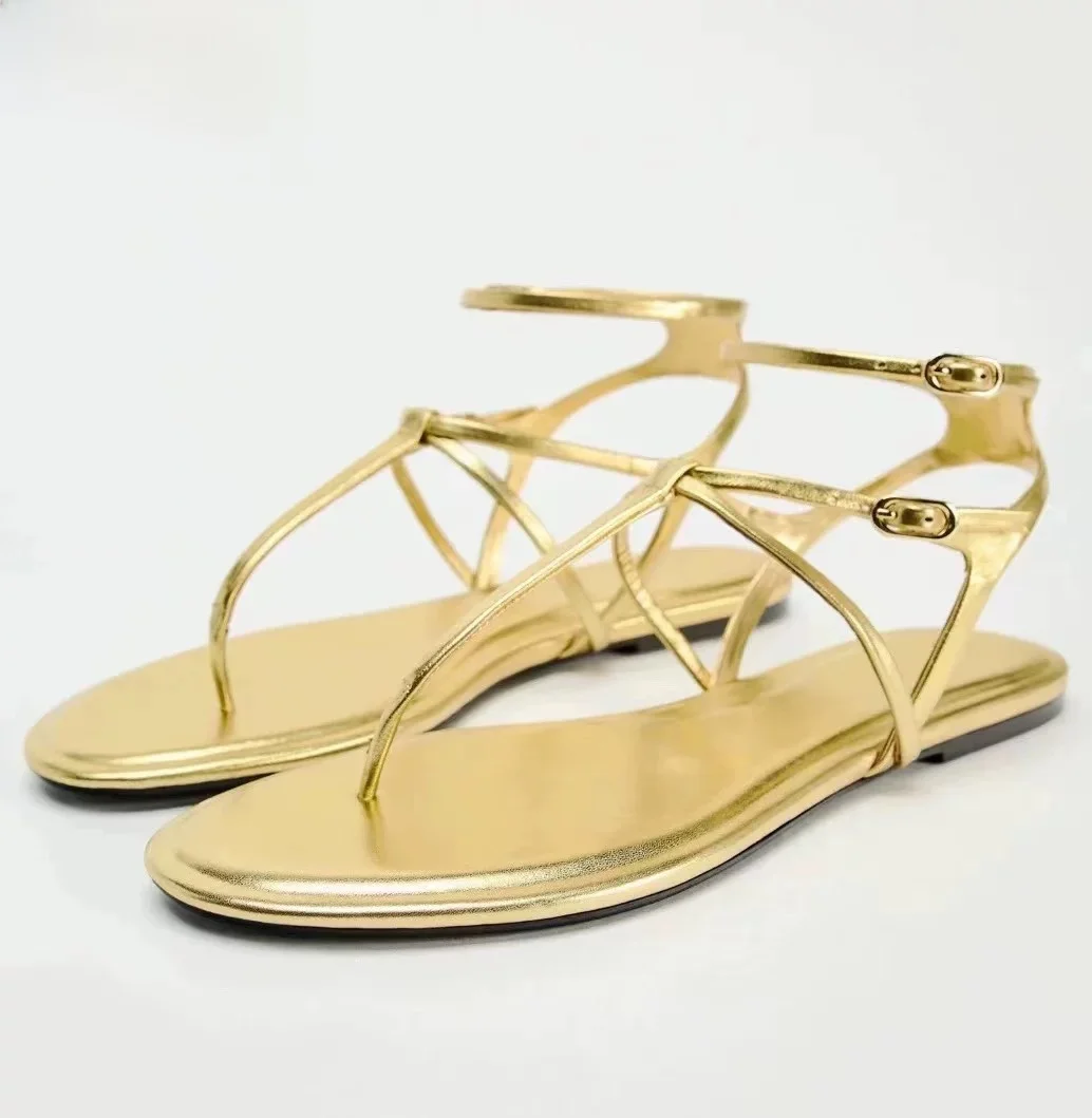 

ZAR/Новые летние женские сандалии, повседневные кожаные сандалии на плоской подошве Bot oes, золотистая металлическая серия, модный римский каблук на низком каблуке