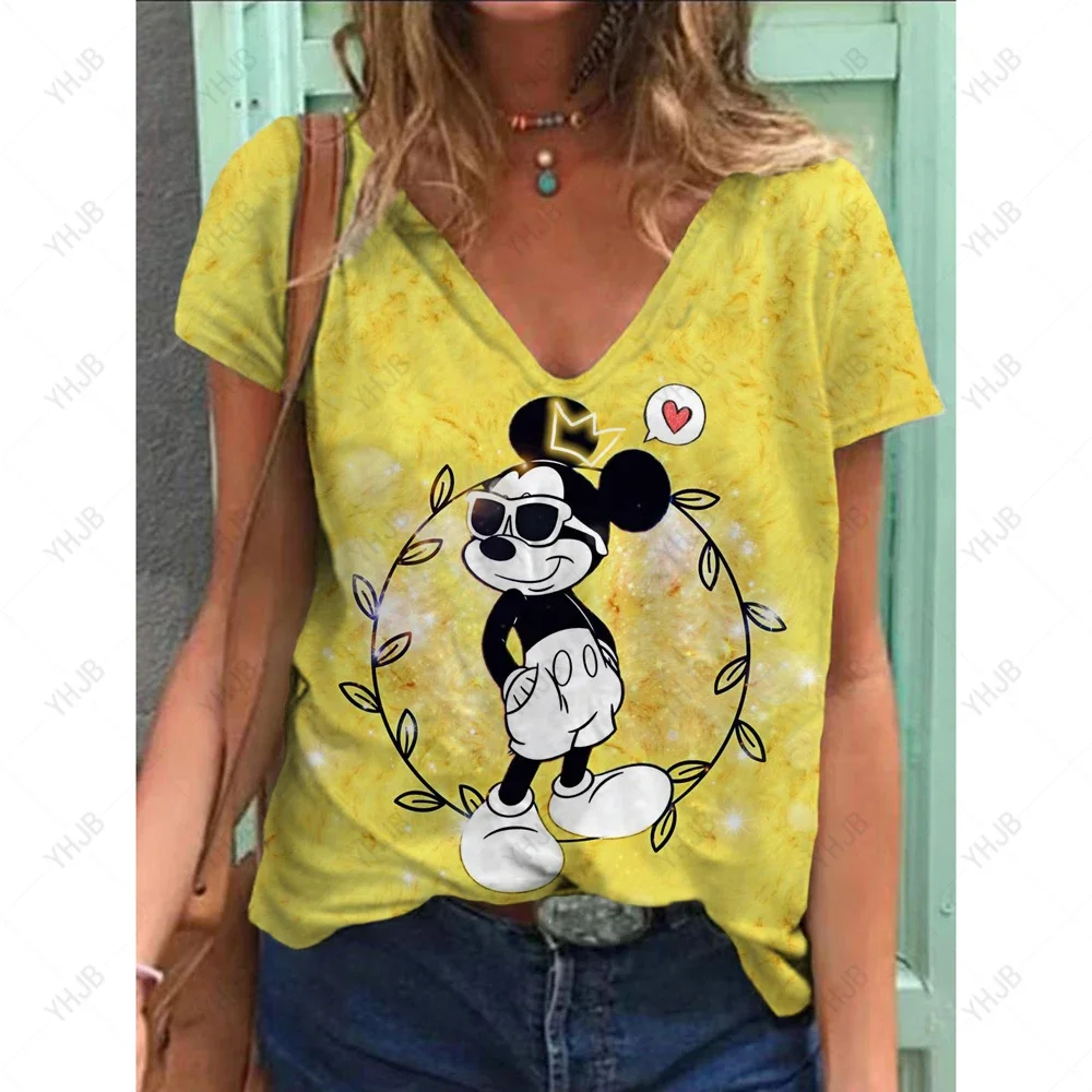 Oversized Summer Mickey Mouse Print T Shirt Women Short Sleeve 3D Disney Minnie Shirt Fashion Casual V-Neck Ladies Loose Top