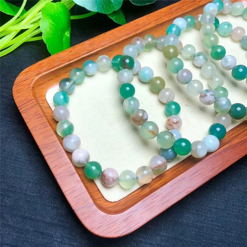 Natural Green Cherry Quartz Blossom Stone Bracelet Flower Moss Agate Round Bead Crystal Healing Women Jewelry Gift