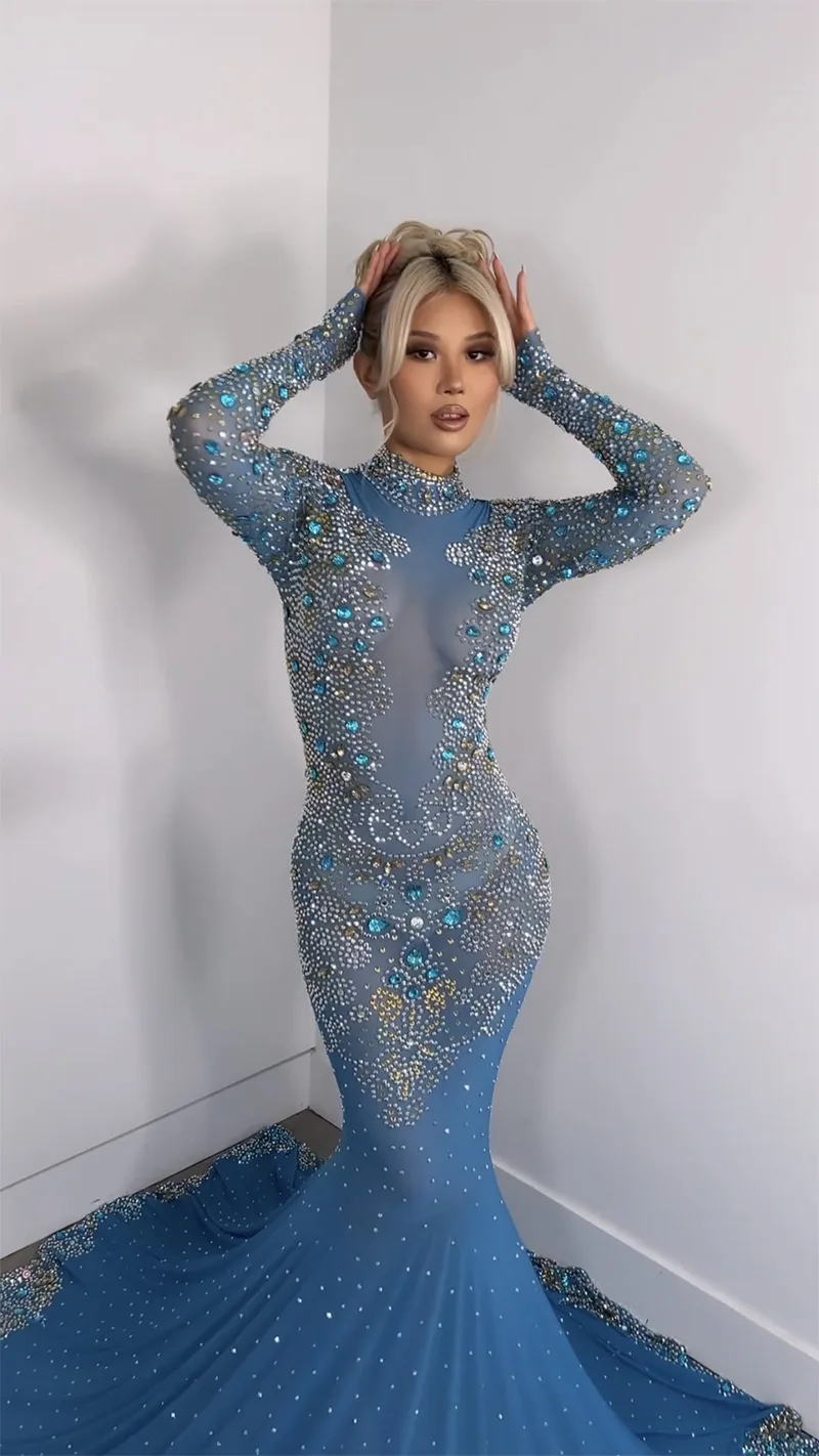 เพชรสีฟ้าคริสตัลเพชรเงา Maxi ชุด Blue Party Robe Elegante Femme Cérémonie Vestidos Luxo Para Festa พราวชุด