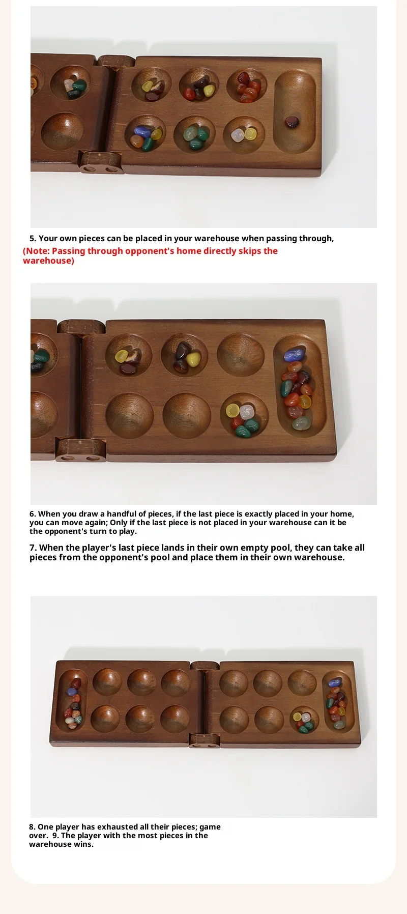 Altes Mancala-afrikanisches Schachspiel, unverzichtbares Brettspiel, hochwertiges Holz, spektakuläres Steingranulat, Familienspaß, Partyspiel für Kinder – Detail 9