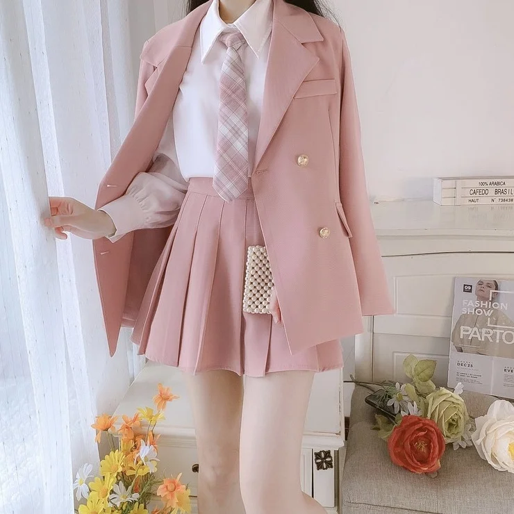 Japanese JK Preppy Style Age Reducing Pink Blazer + Long Sleeve Shirt + High Waisted Pleated Skirt 3 Pcs Sets Women Y2k Suits