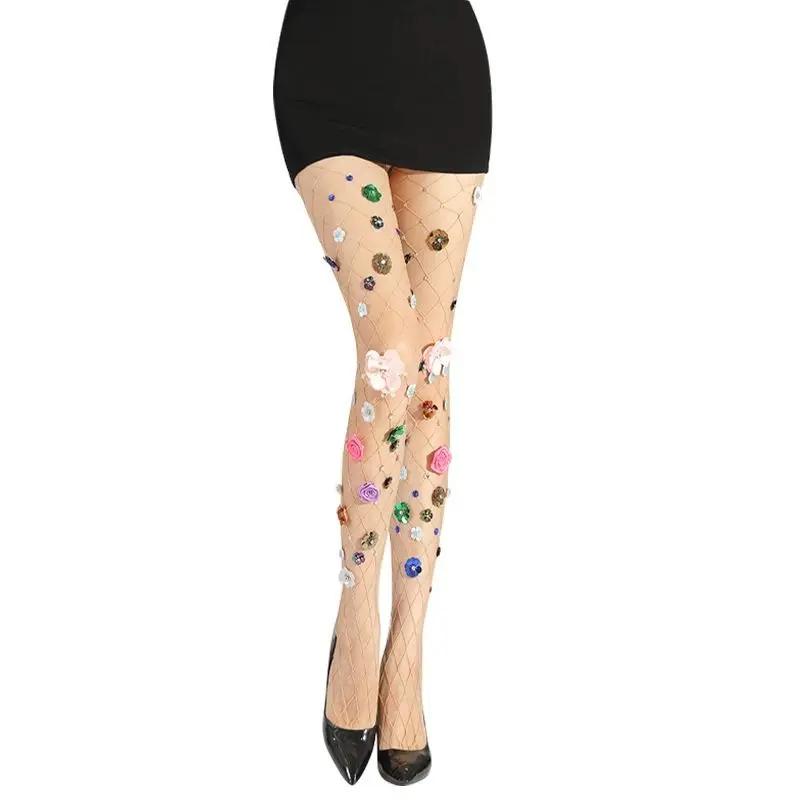Sexy Original Heavy Industry Style Embroidered 3D Flower Hot Diamond Socks Fishing Net Socks Large, Medium, Small Mesh Pantyhose