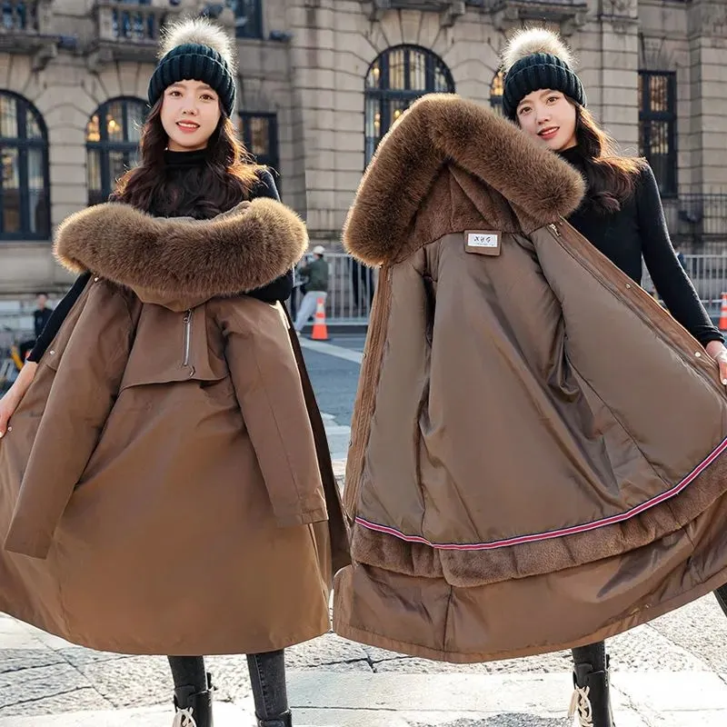 Winter Women\'s Parka Big Fur Collar Detachable Double Thick Lining Slim Waist 2022 New Jacket Mid long Casual Cotton Padded Coat