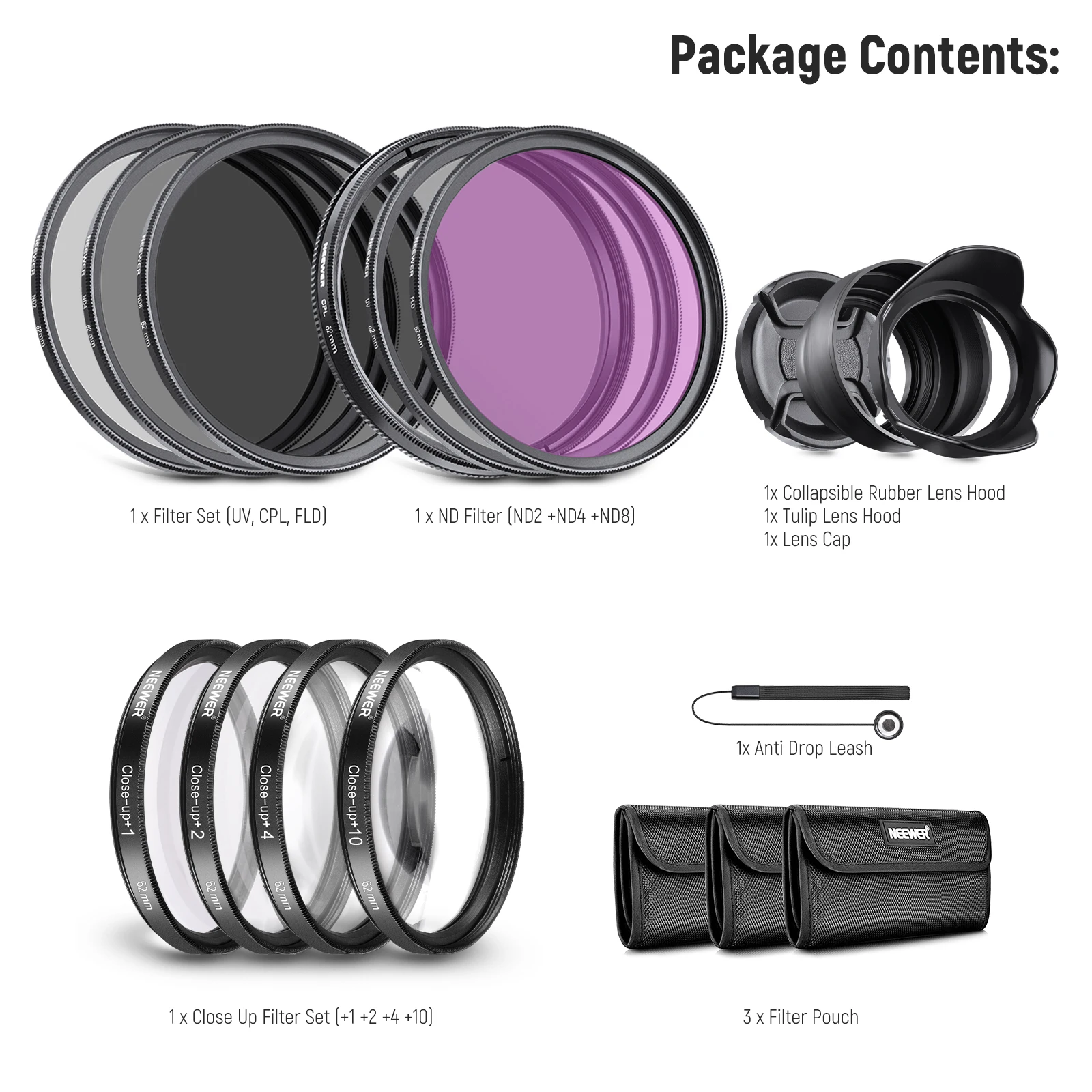 NEEWER ND/CPL/UV/FLD/Close Up Filter Kit with ND2/ND4/ND8 Close Up Filters (+1/+2/+4/+10)with Lens Hoods, Lens Cap, Filter Pouch