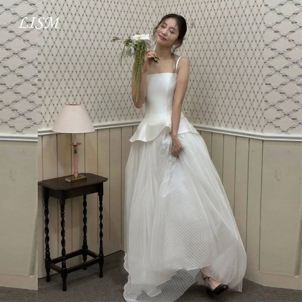 Proste suknie ślubne bez ramiączek z satyny w stylu koreańskim, szyte na miarę, z plisowanym tiulem, linia A, sesja zdjęciowa, suknia ślubna, 결혼식 드레스, ślub