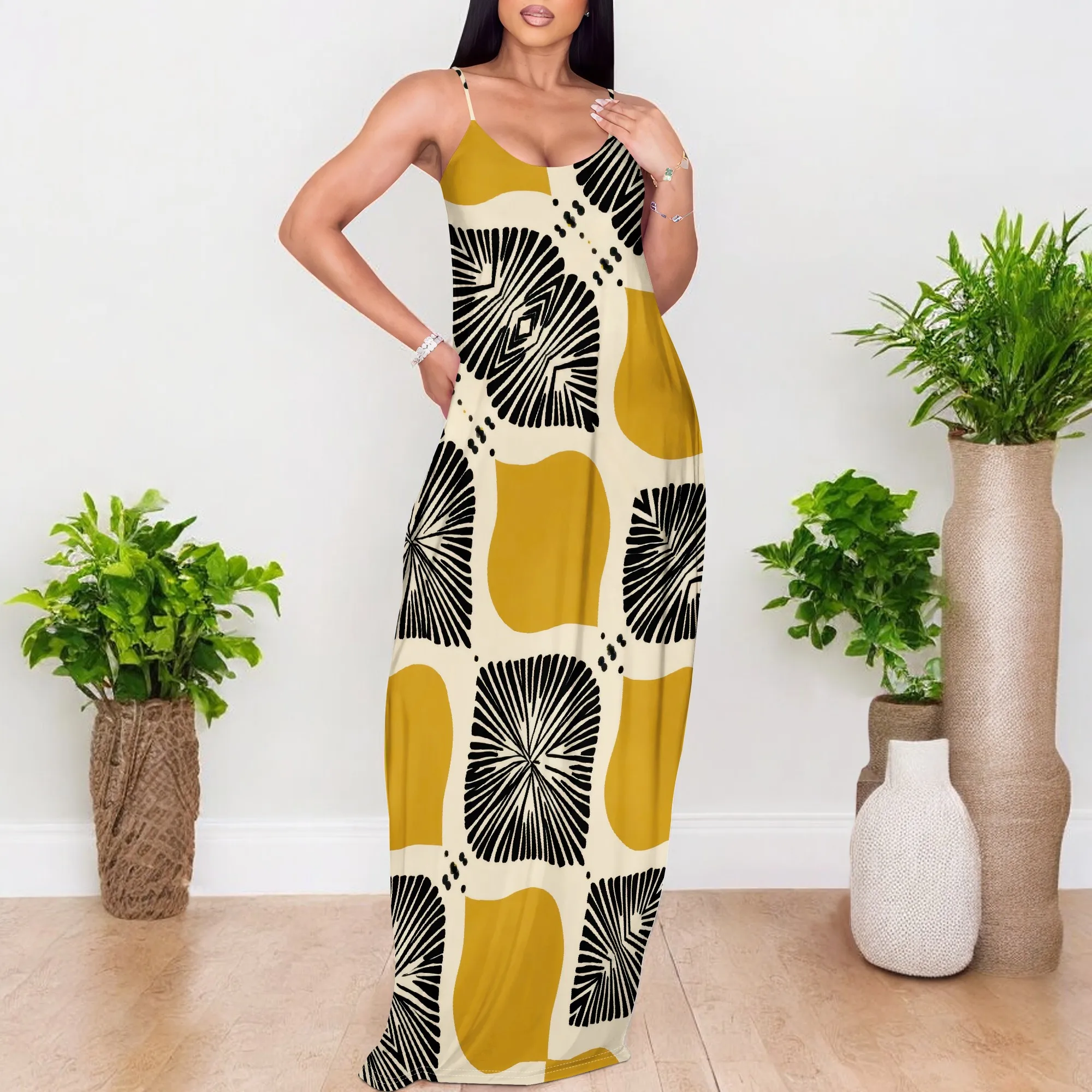 

Women's Boho Abstract Print Maxi Dress Spaghetti Strap V-Neck Loose Dress for Casual Vacation Beach Wear XS-3XL