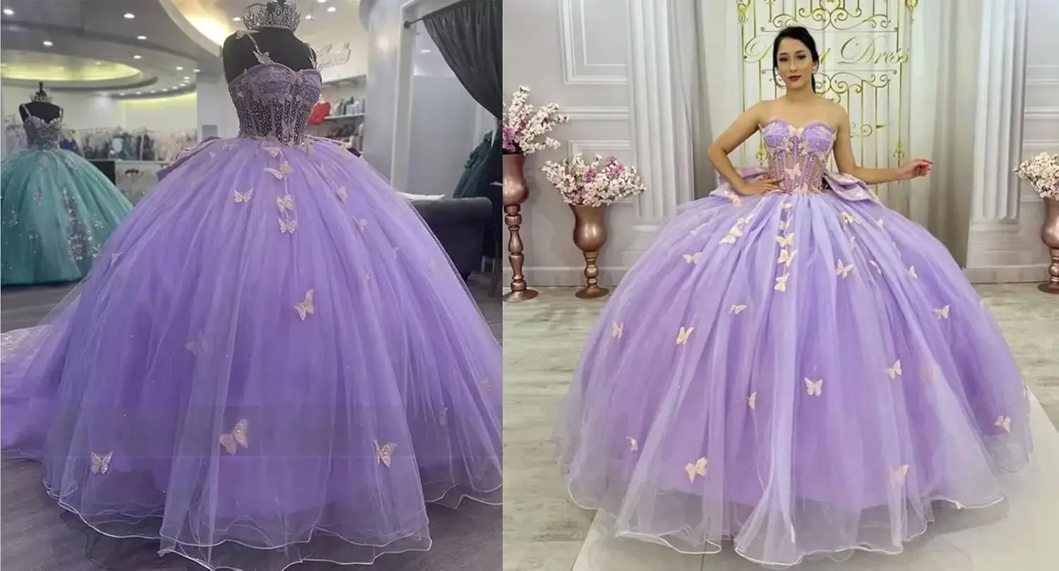 3D-Schmetterlings-Quinceanera-Kleid mit Schleife, Schleppe, Spaghettiträger, süße 15-16-Ballkleider, glitzerndes Vestido de 15 Años